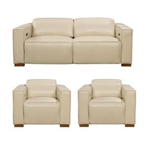Pemberly Row Set of 3 - Leather 2 Reclining Lounge Chairs and Sofa in Beige