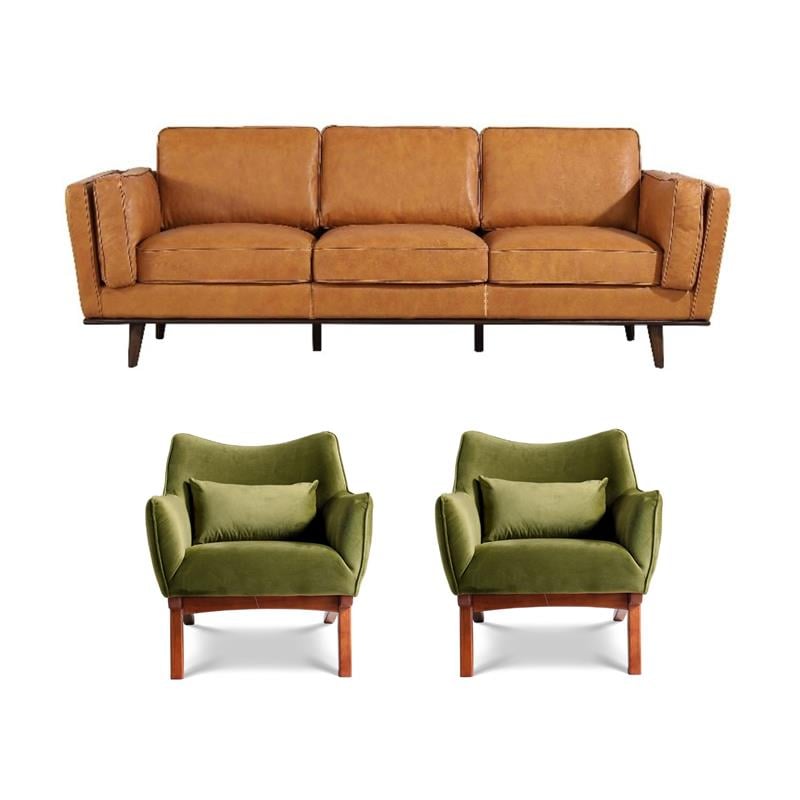 Pemberly Row Set of 3 Sofa Sets - 2 Velvet Accent Armchairs and Leather Sofa