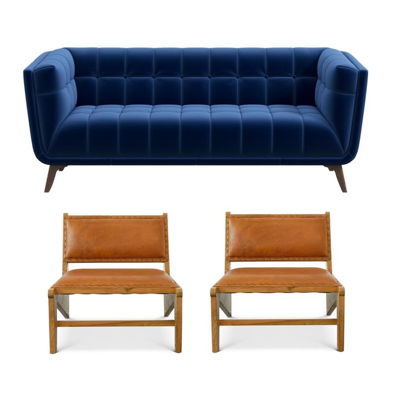 Pemberly Row Set of 3 Sofa Sets - 2 Upholstered Lounge Chairs and Velvet Sofa