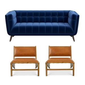 Pemberly Row Set of 3 Sofa Sets - 2 Upholstered Lounge Chairs and Velvet Sofa