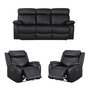 Pemberly Row Set of 3 Sofa Sets - 2 Recliner Arm Chairs and Couch in Black