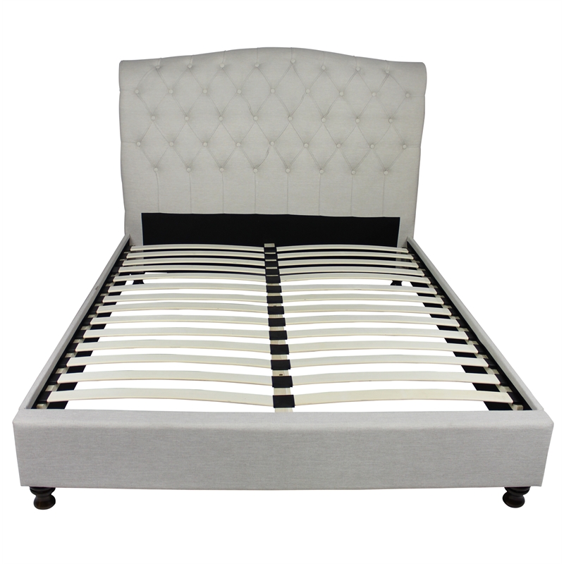 Pemberly Row Queen Platform Tufted Headboard Bed Upholstered in Beige Fabric