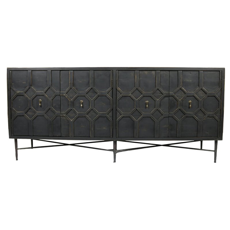 Pemberly Row Solid Wood 4 Door Sideboard on Cast Iron Base in Brown