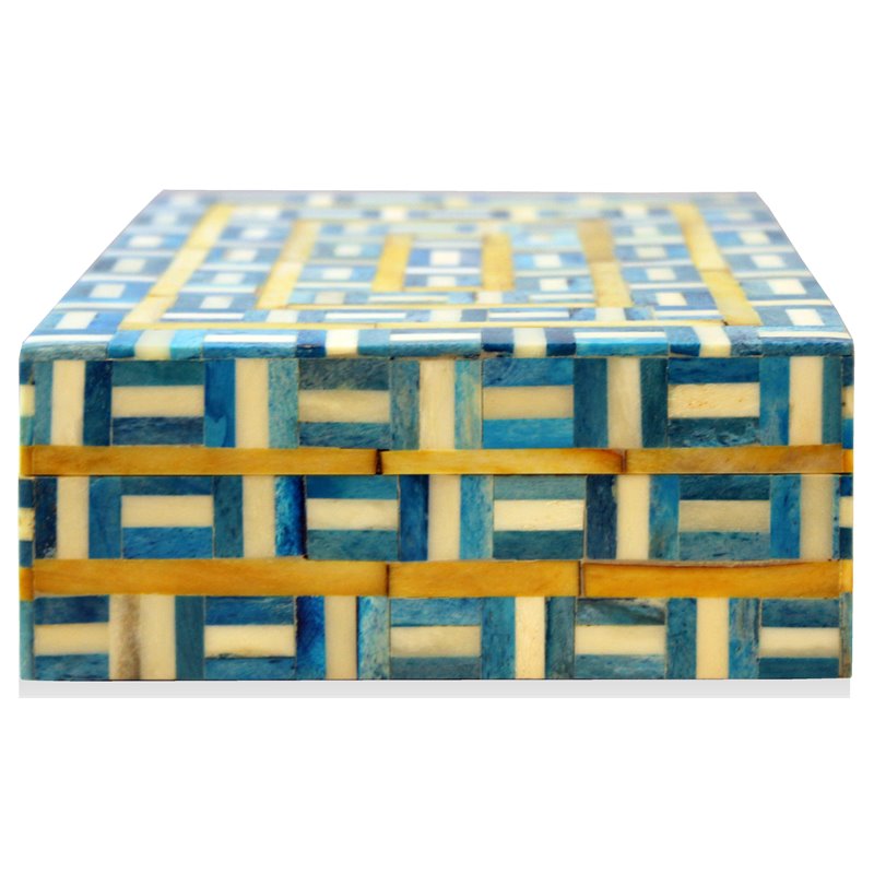 Pemberly Row Mango Solid Wood Grid Box in Blue with Geometric Design