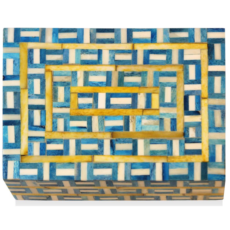 Pemberly Row Mango Solid Wood Grid Box in Blue with Geometric Design
