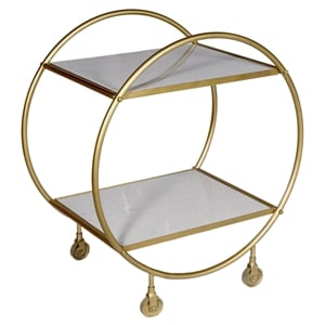 Pemberly Row 2 Tier Bar Cart of Marble on Cast Iron Frame in Metallic Gold