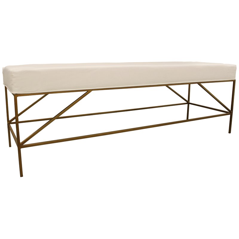 Pemberly Row Bench Upholstered in Ivory Linen Fabric on a Brass Cast Iron Base