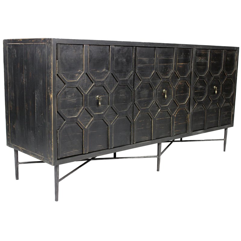 Pemberly Row 3 Door Sideboard in Reclaimed Pine Wood on Cast Iron Base in Brown
