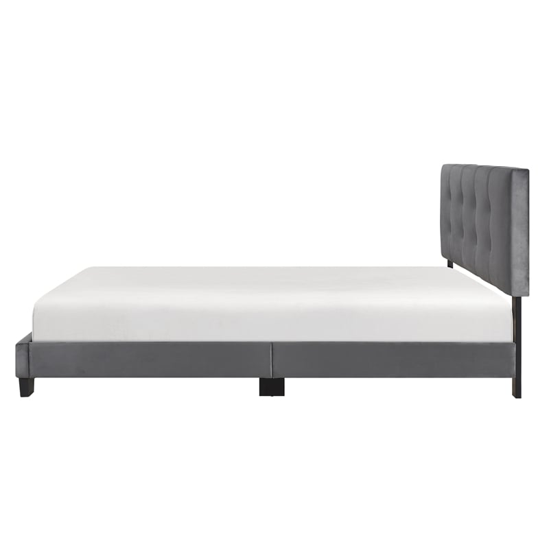Pemberly Row Modern Wood Frame Velvet Queen Platform Bed in Dark gray