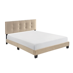 Pemberly Row Modern Wood Frame Velvet Queen Platform Bed in Light brown