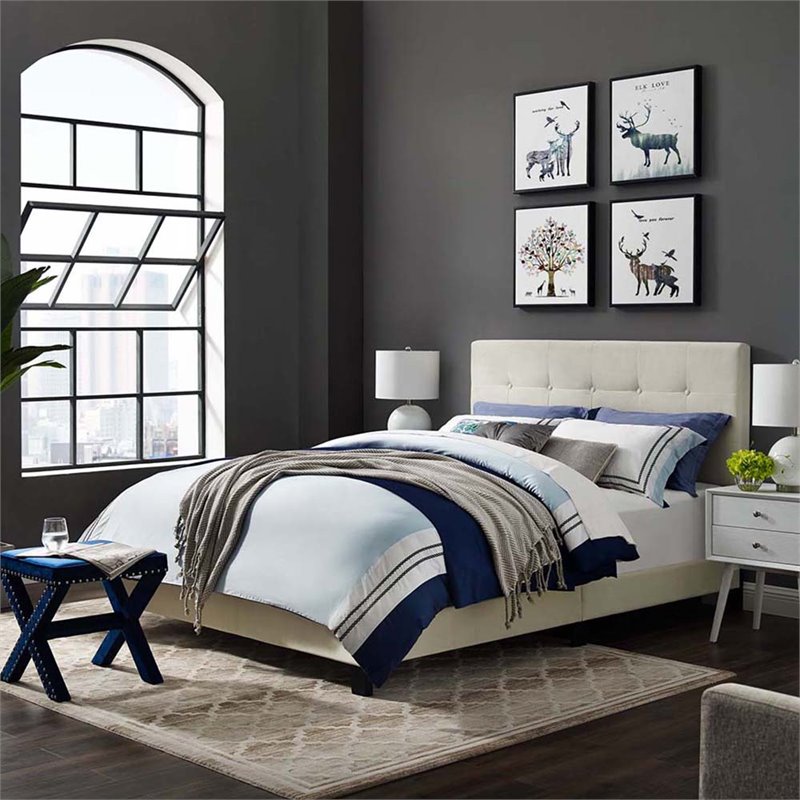Pemberly Row Full Modern Style Performance Velvet Bed in Ivory