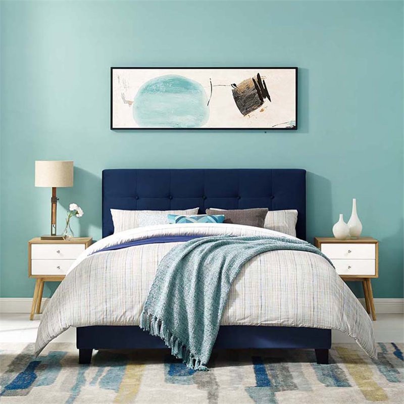 Pemberly Row Full Modern Performance Velvet Bed in Midnight Blue
