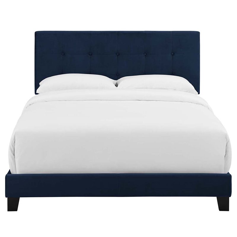 Pemberly Row Full Modern Performance Velvet Bed in Midnight Blue