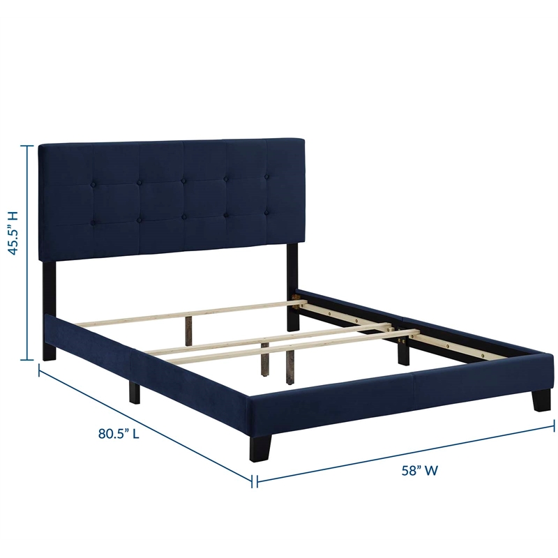 Pemberly Row Full Modern Performance Velvet Bed in Midnight Blue