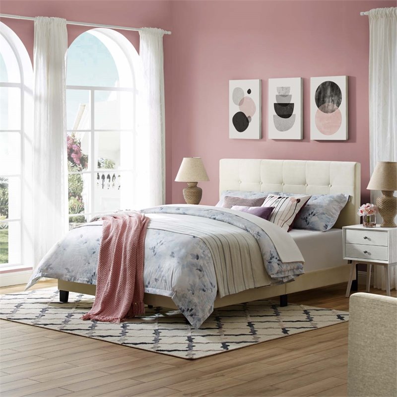 Pemberly Row Full Tufted Button Performance Velvet Platform Bed in Ivory