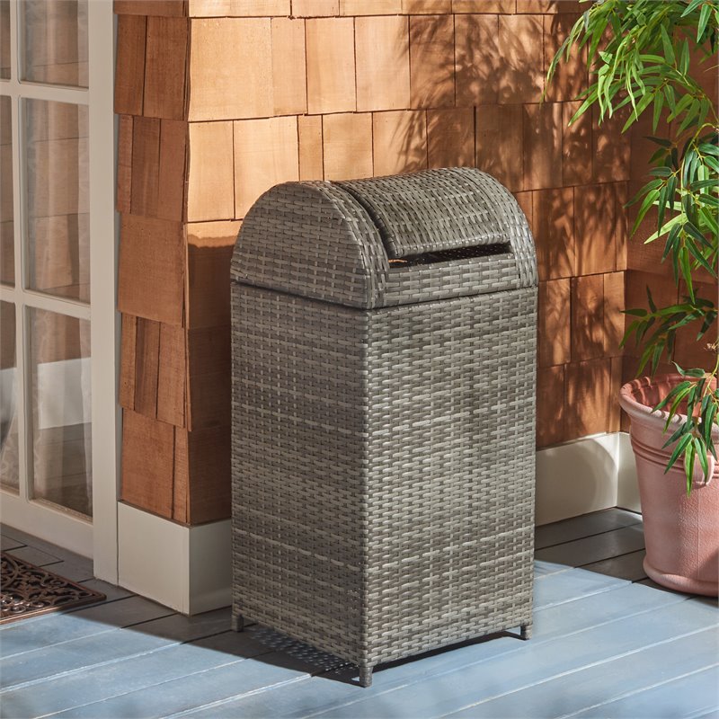 Pemberly Row Coastal Polyester Wicker/Steel Patio Trash Bin in Gray