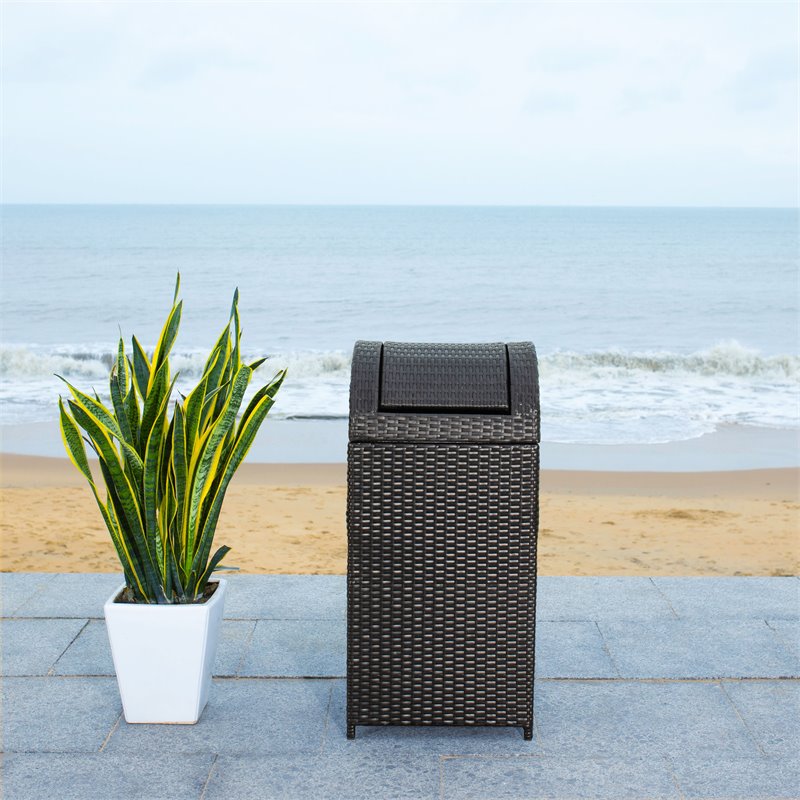 Pemberly Row Polyester Wicker/Steel Patio Trash Bin in Black