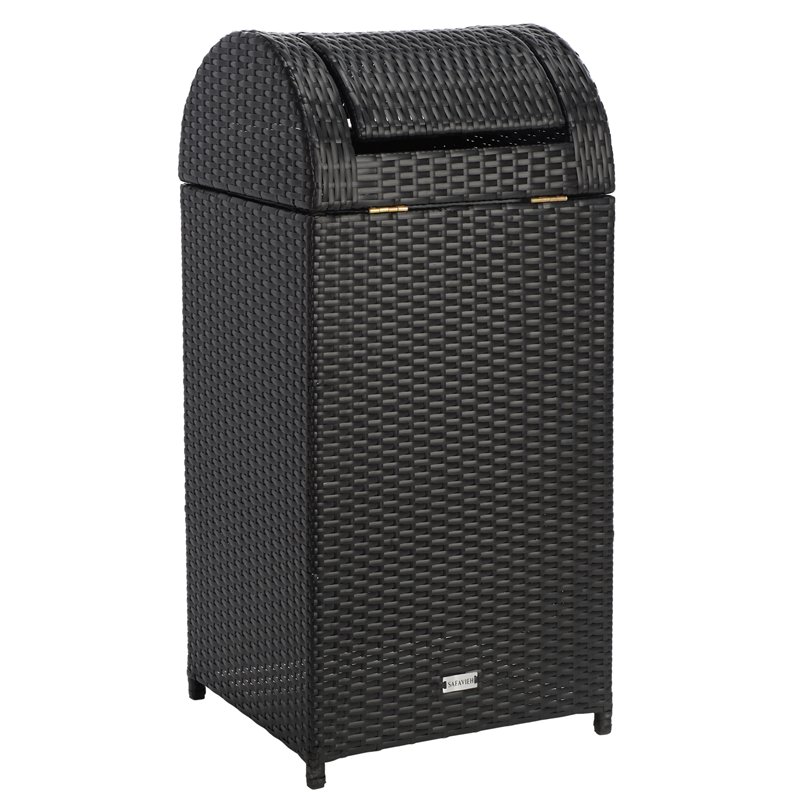 Pemberly Row Polyester Wicker/Steel Patio Trash Bin in Black