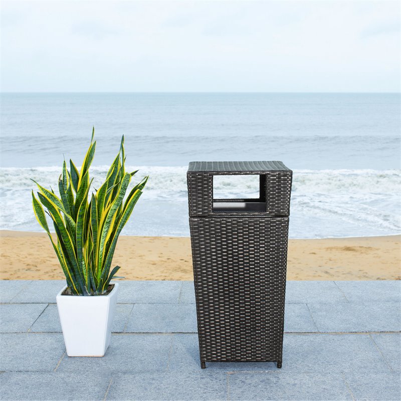 Pemberly Row Polyester Wicker/Steel Patio Trash Bin in Black