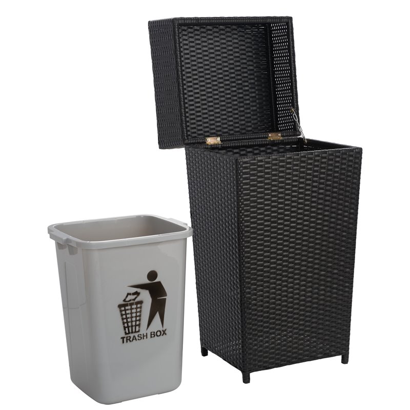 Pemberly Row Polyester Wicker/Steel Patio Trash Bin in Black