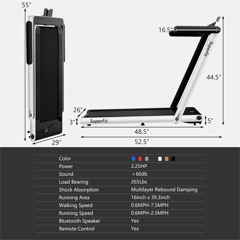 Pemberly Row Up To 7.5MPH 2.25HP Single Display Screen Treadmill in White