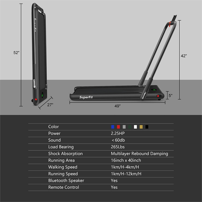 Pemberly Row 2.25HP 2 in 1 Black Plastic Folding Treadmill with Remote Control