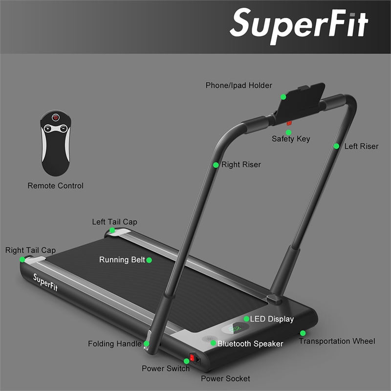 Pemberly Row 2.25HP 2 in 1 Black Plastic Folding Treadmill with Remote Control