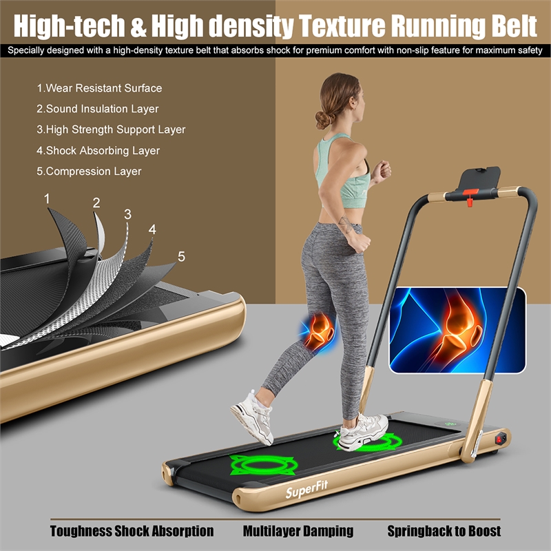 Pemberly Row 2.25HP 2-in-1 Golden Plastic Folding Treadmill with Remote Control