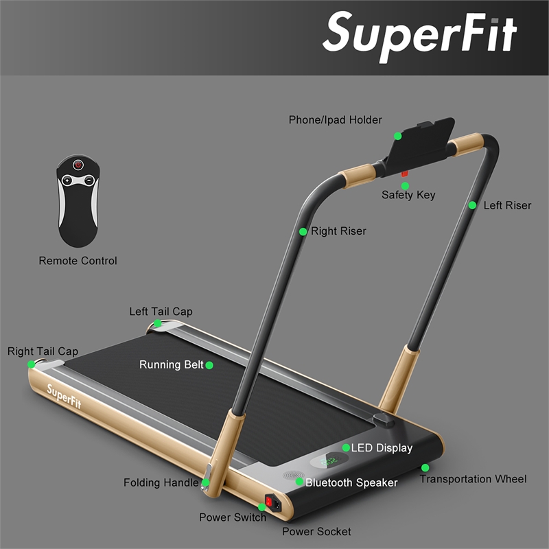 Pemberly Row 2.25HP 2-in-1 Golden Plastic Folding Treadmill with Remote Control