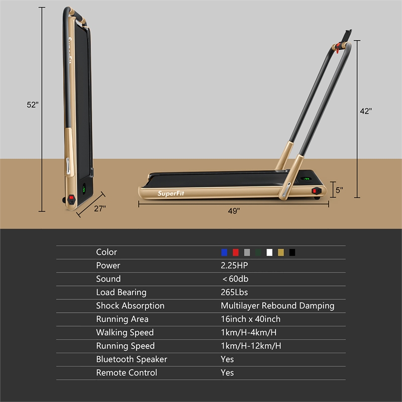 Pemberly Row 2.25HP 2-in-1 Golden Plastic Folding Treadmill with Remote Control