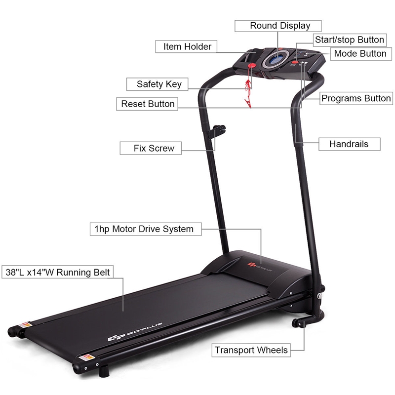 Pemberly Row 1HP Black Electric Treadmill Folding Power Running Fitness Machine