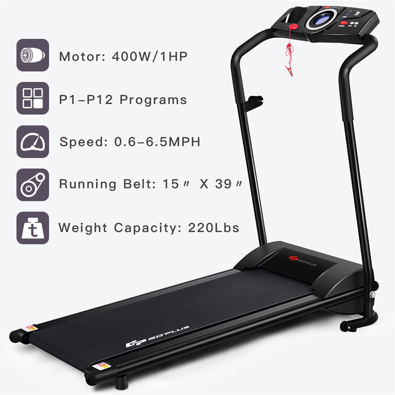 Pemberly Row 1HP Black Electric Treadmill Folding Power Running Fitness Machine