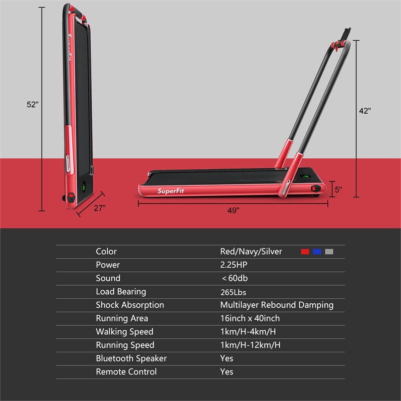 Pemberly Row 2.25HP 2 in 1 Red Folding Under Desk Treadmill with Remote Control