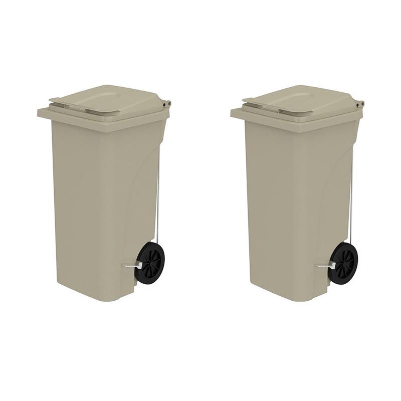 Pemberly Row Set of 2 Plastic Step-On Touchless 32 Gallon Trash Cans in Tan