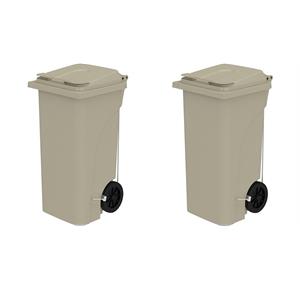 Pemberly Row Set of 2 Plastic Step-On Touchless 32 Gallon Trash Cans in Tan