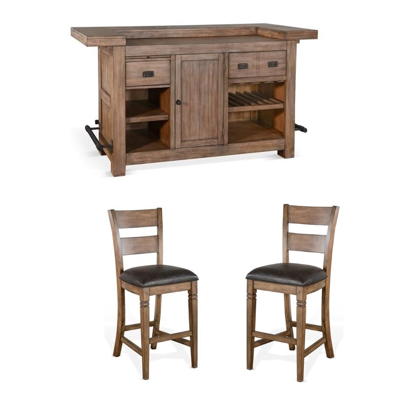 Pemberly Row Set of 3 Wood Bar Unit and 2 Ladderback Barstool in Natural Brown