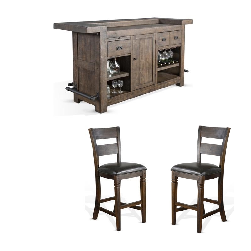 Pemberly Row Set of 3 Wood Bar Unit and 2 Ladderback Barstool in Dark Brown