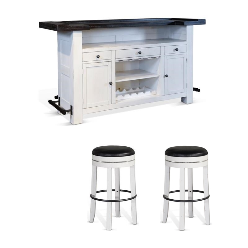 Pemberly Row Set of 3 Wood Bar Unit and 2 Backless Swivel Barstool - White/Brown