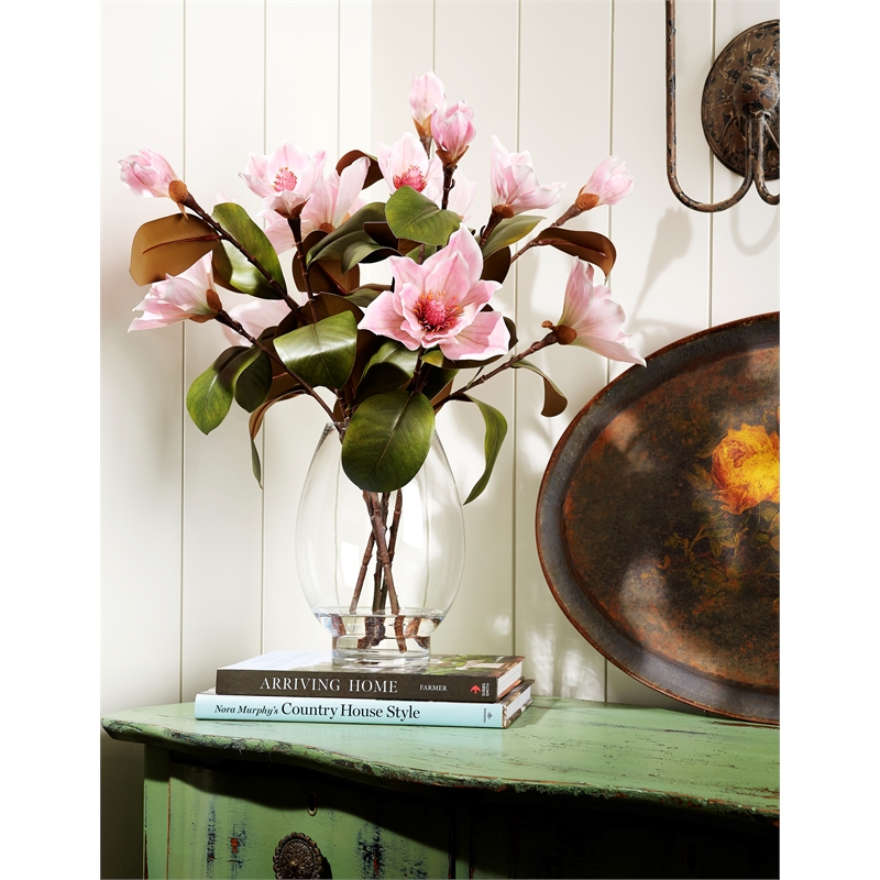 Pemberly Row Modern / Contemporary Pink Magnolia Stems in Socle Vase