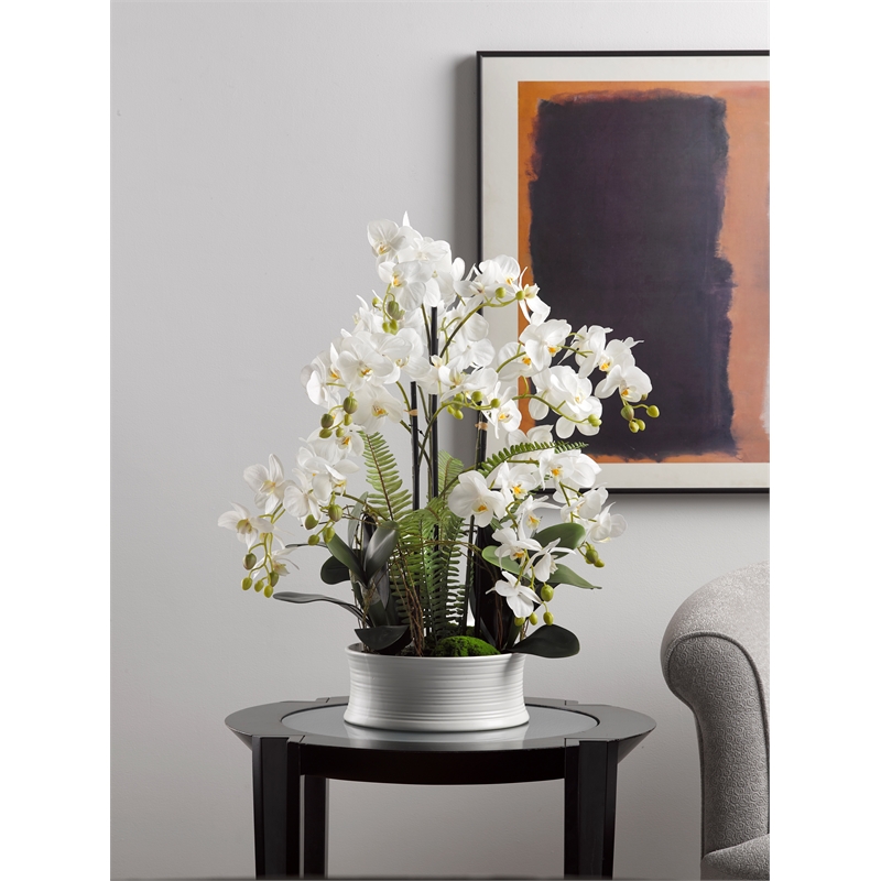 Pemberly Row Contemporary White Orchids in Round Ceramic Dish