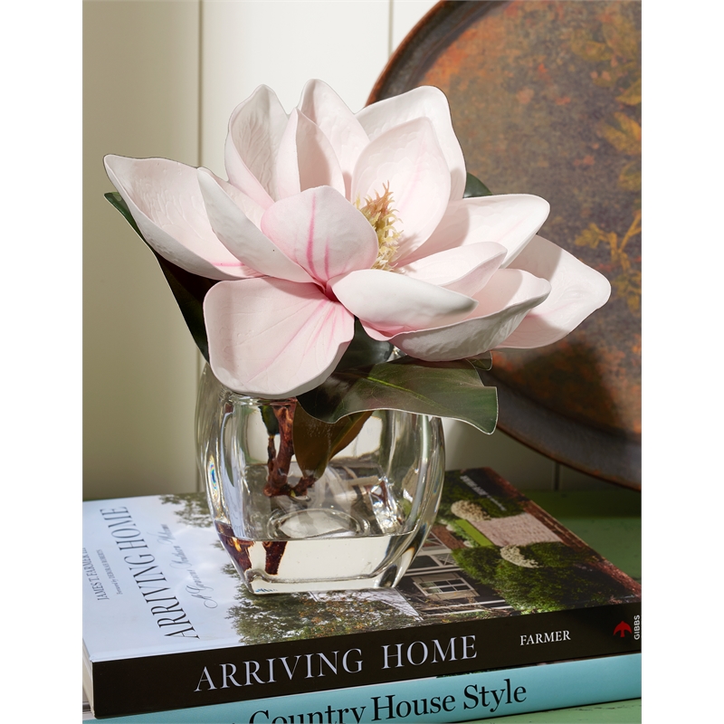 Pemberly Row Contemporary Pink Eva Magnolia Stem in Bevel Vase