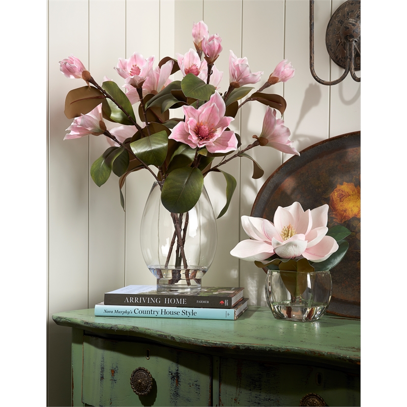 Pemberly Row Contemporary Pink Eva Magnolia Stem in Bevel Vase