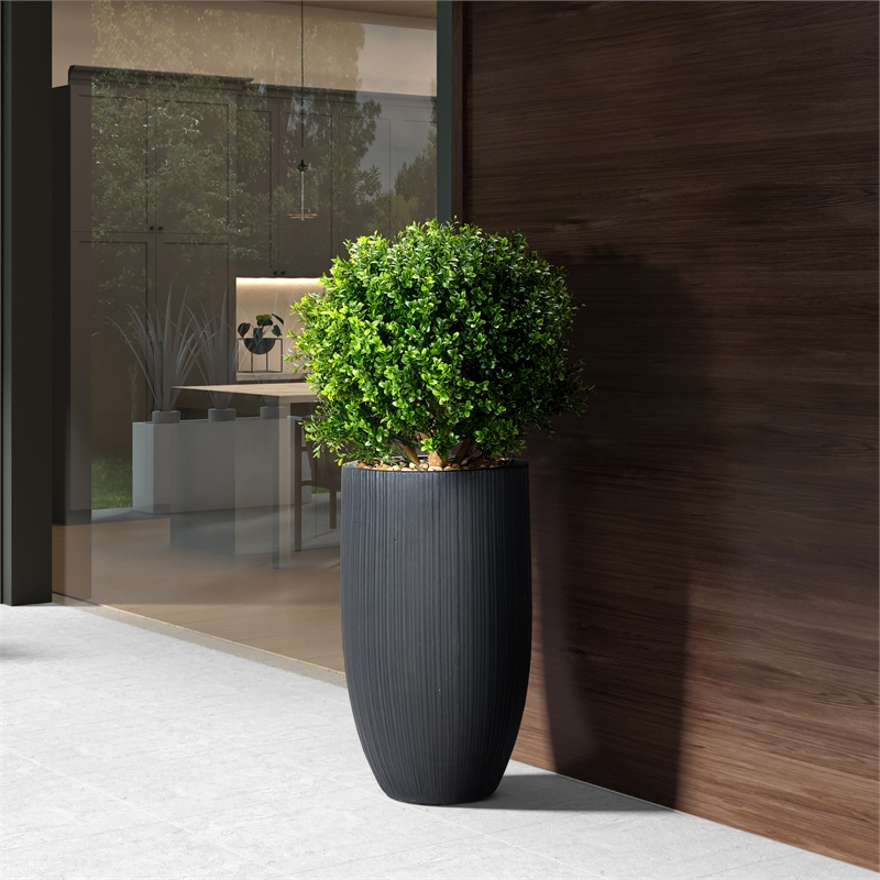 Pemberly Row Contemporary Boxwood Ball in Black Ribbed Nell Planter