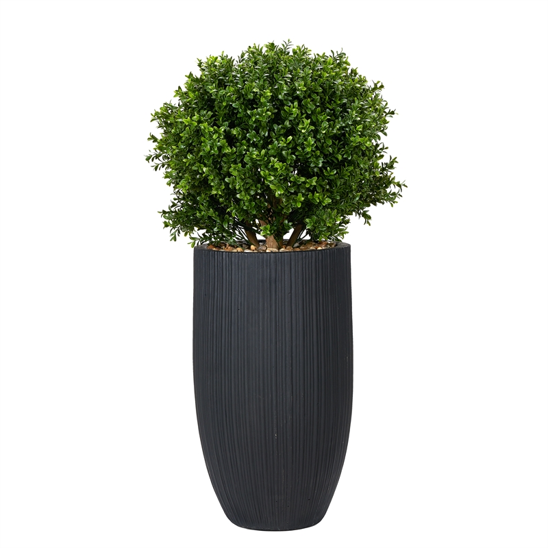 Pemberly Row Contemporary Boxwood Ball in Black Ribbed Nell Planter