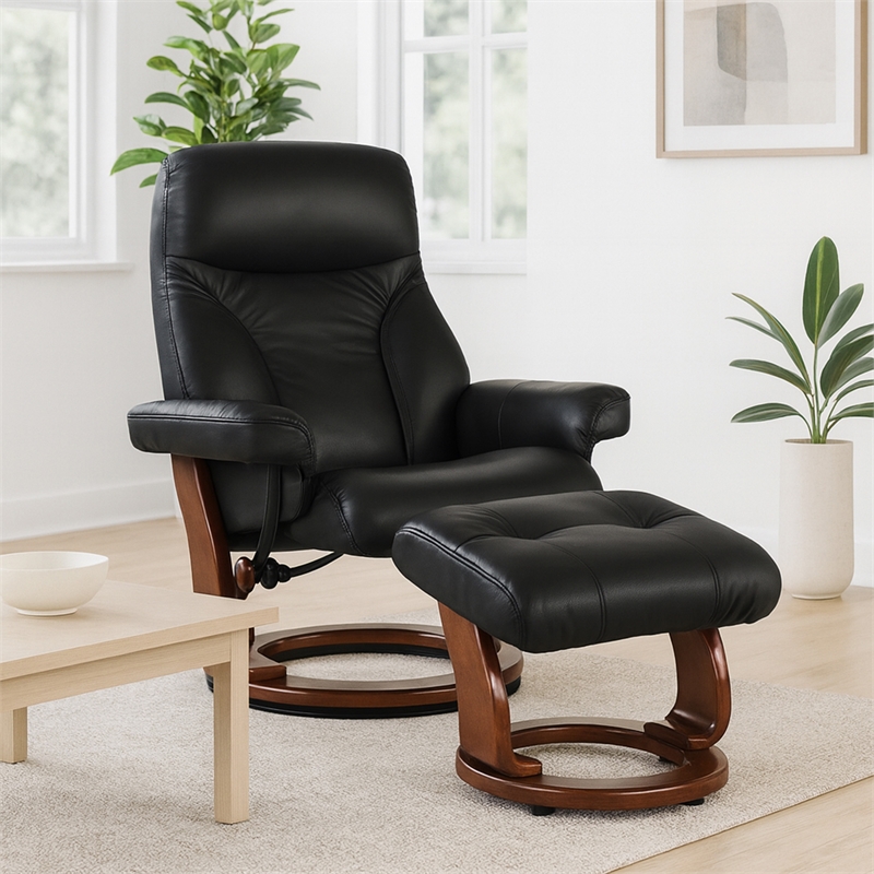 Pemberly Row Contemporary Black Leather Swivel Recliner with Matching Ottoman