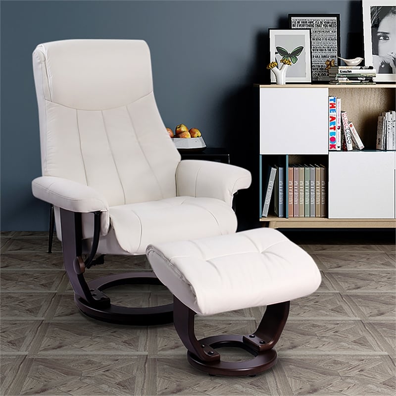 Pemberly Row Contemporary Cream Leather Swivel Recliner with Matching Ottoman