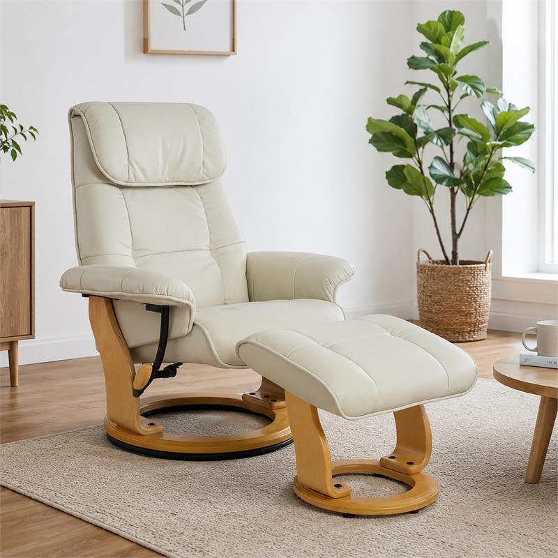 Pemberly Row Contemporary Cream Leather Swivel Recliner with Matching Ottoman