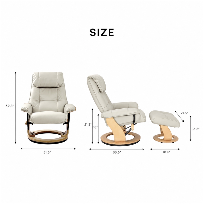Pemberly Row Contemporary Cream Leather Swivel Recliner with Matching Ottoman
