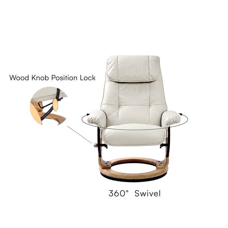 Pemberly Row Contemporary Cream Leather Swivel Recliner with Matching Ottoman