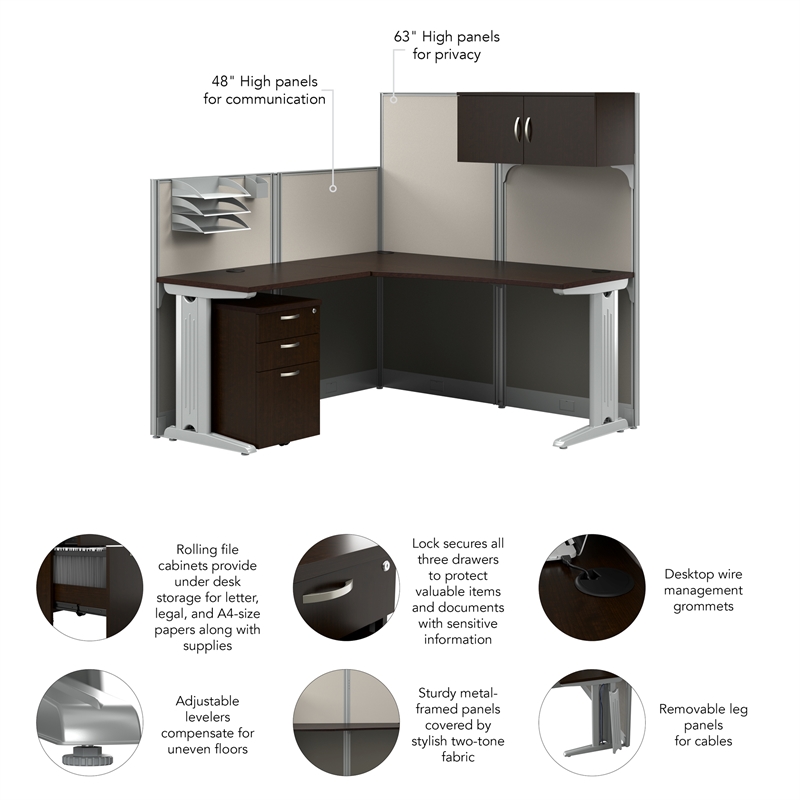 Pemberly Row L-Shaped Cubicle Desk Set in Mocha Cherry - Engineered Wood
